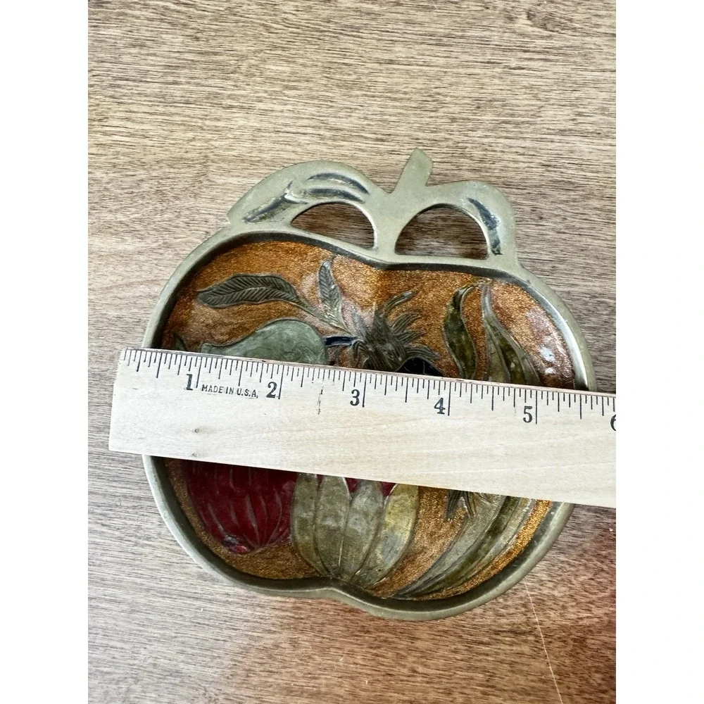 Vintage Solid Brass Enameled Fruits Apple Shape Trinket Tray Small